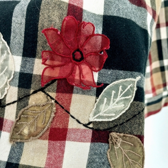 Vintage Boxy Button Up Shirt Women's XL Tan Black Plaid Flower Leaf Art To Wear - Picture 6 of 10